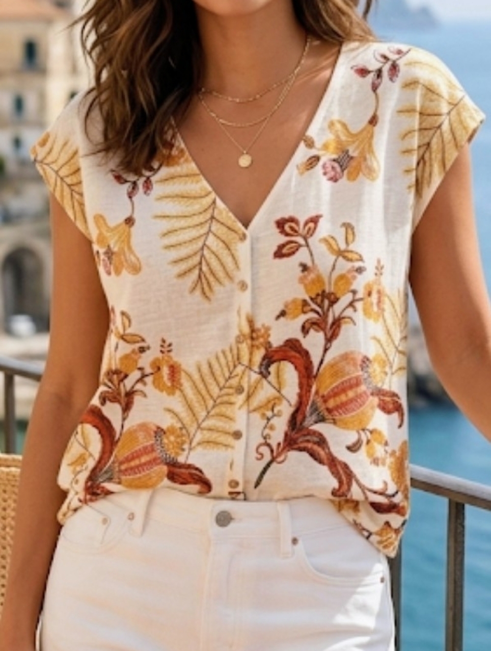 Rachel Zoe Boho Linen Blend Cream Floral Button-Front V-Neck Top Sz L